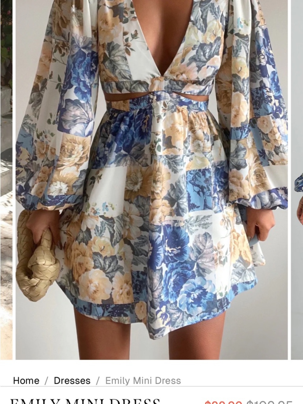 Showpo Emily Mini Dress in Blue, Cream & Tan Floral